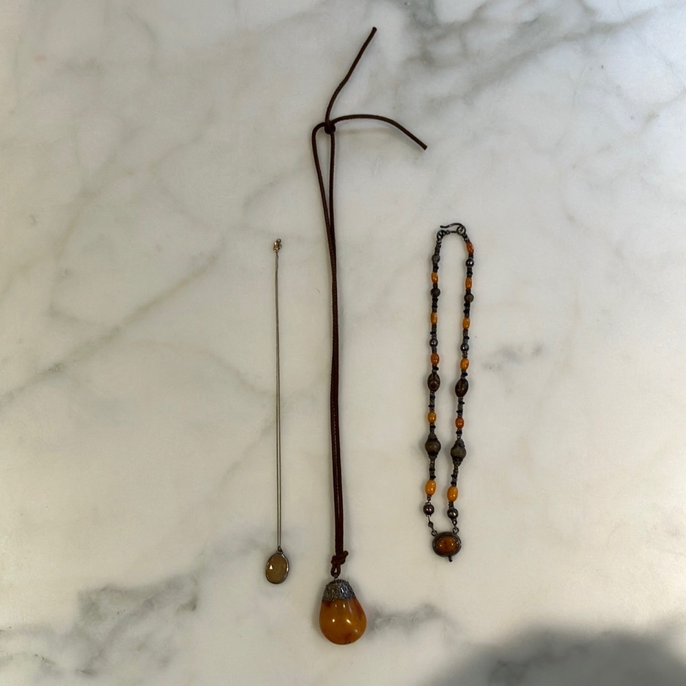 3 Necklaces w/ Amber + Sterling Silver